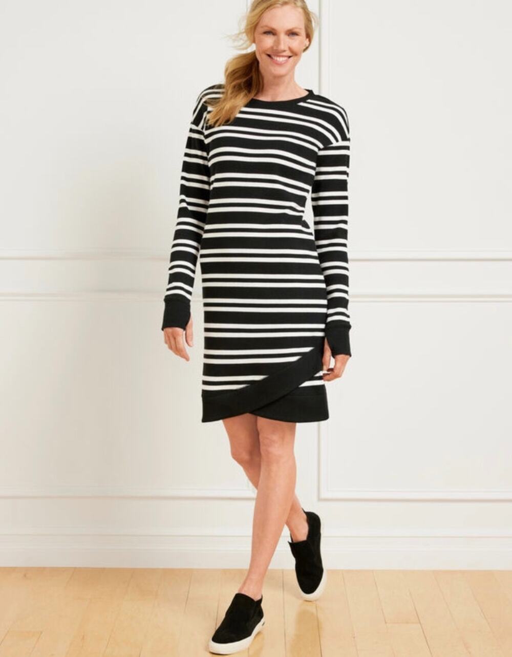 Talbots Womens M Black White Duet Stripe Tulip Hem Crewneck Casual Midi Dress